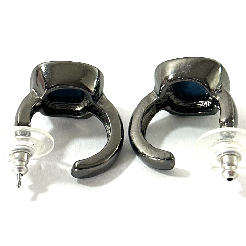 Gunmetal Tone Green Cushion Cut Stone Earrings Modern Minimalist Pierced - Picture 6 of 6